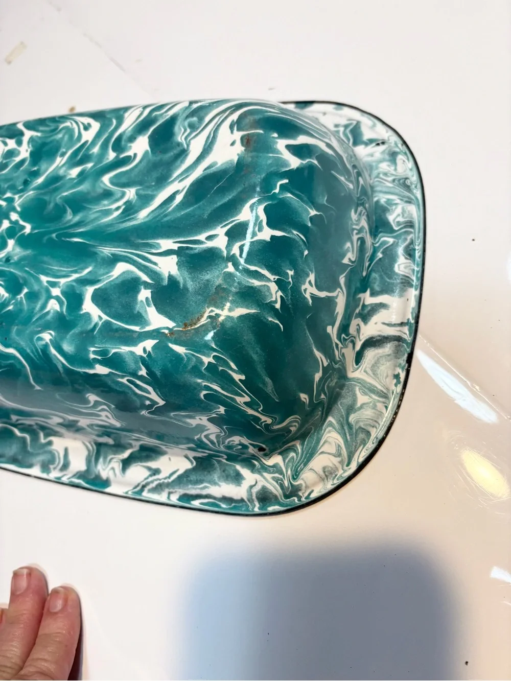 vintage rectangular enamelwear baking pan teal white swirl pattern